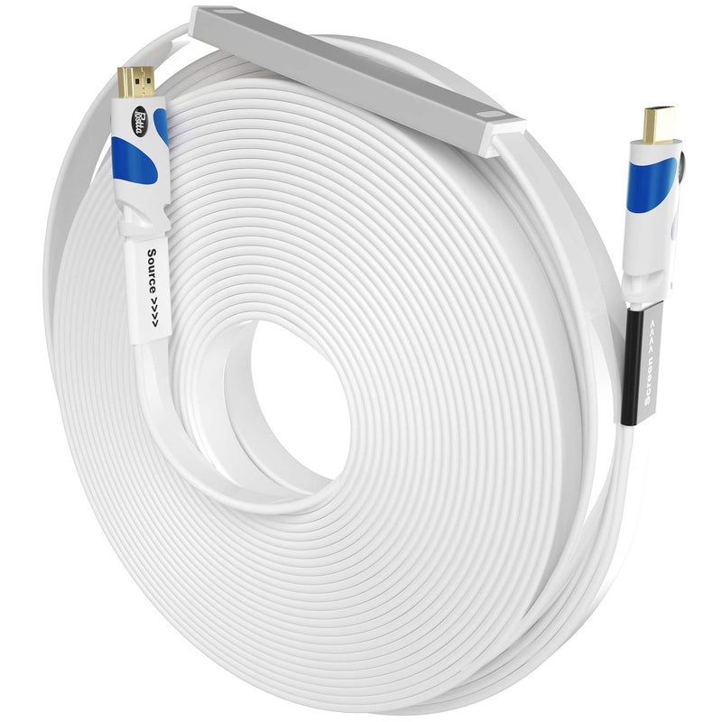 Postta Flat HDMI Cable 75 Feet Flat HDMI 2.0 Cord with Built-in Signal Booster Support 4K,3D,1080p,Ethernet and Audio Return-White-Blue - Image 1